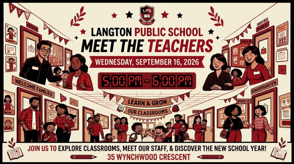 Langton Meet the Teacher event, September 16, 2026, from 5pm to 6pm, at 35 Wynchwood Crescent